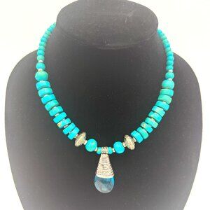 Teal and Silver Turquoise Beaded Disc Vintage Necklace